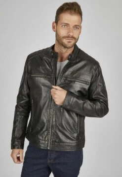 Bugatti MIT STEHKRAGEN UND DRUCKKNOPFRIEGEL - Lederjacke - Schwarz